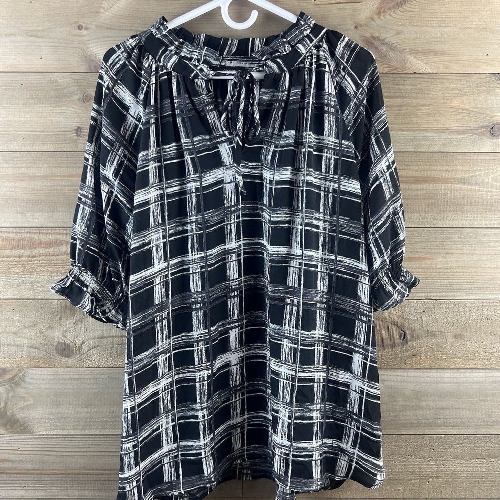 Cocomo Womens Blouse Short Sleeve Ruffle Plaid Windowpane Tie‎ Keyhole Sheer 2X